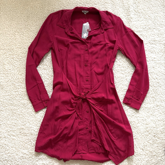 NWT Splendid Button Down Dress Wrap Tie Size Small Red/Pink Long Sleeve - Picture 1 of 5